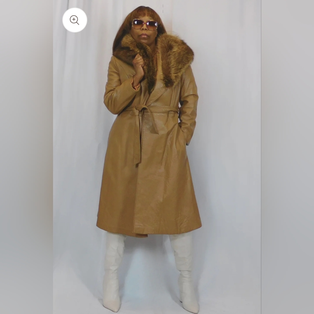 Vintage Tan Leather Trench Coat with Fur Trim